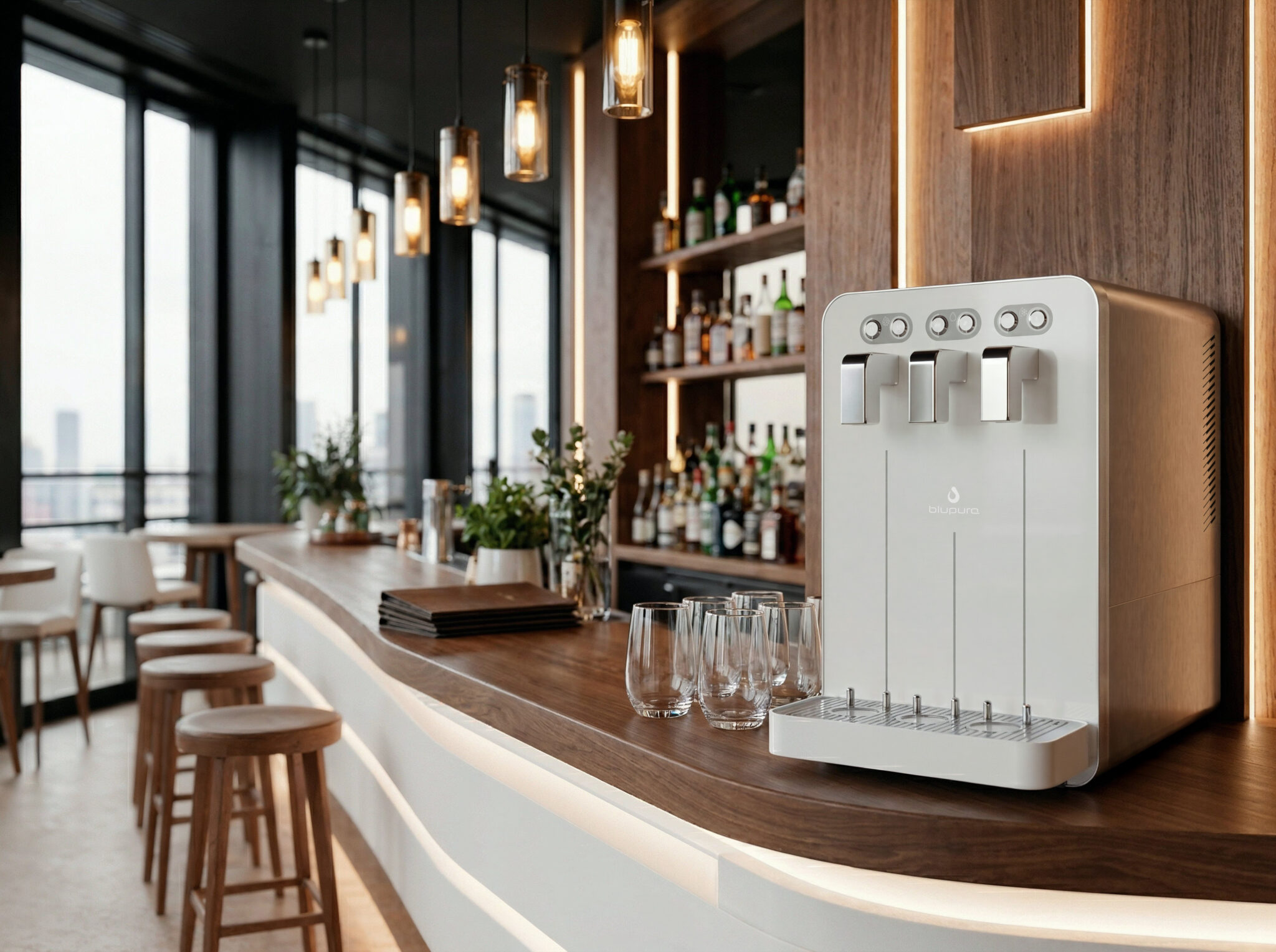 Ecochic White IT, Elegant restaurant bar, wood and white